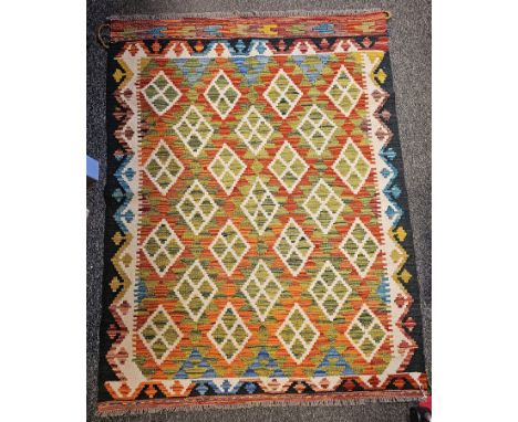 Chobi Kilim&nbsp;orange ground rug with four rows of four lozenges and three rows of three lozenges, single geometric border 