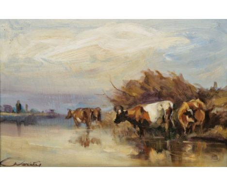 Claire Verity (20th century) Oil on canvas Cattle watering, signed lower right, 25cm x 20cm, together with an oil on panel by