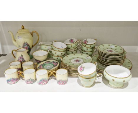 Aynsley bone china pale green ground part tea service, printed crowned green marks, printed with bouquets of flowers, decorat