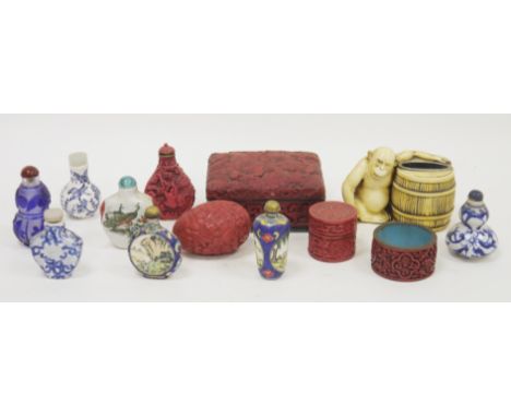 Collection of Chinese and Asian snuff bottles and other items, 20th century, including a cinnabar-style example, an egg, a cy