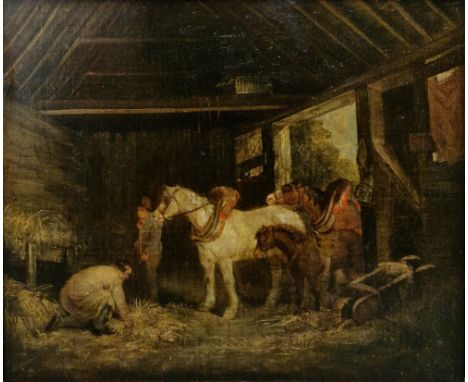 George Morland (1762/63-1804) Oil on canvas Figures and horse in stable, signed and dated 1797 lower left, in giltwood frame,