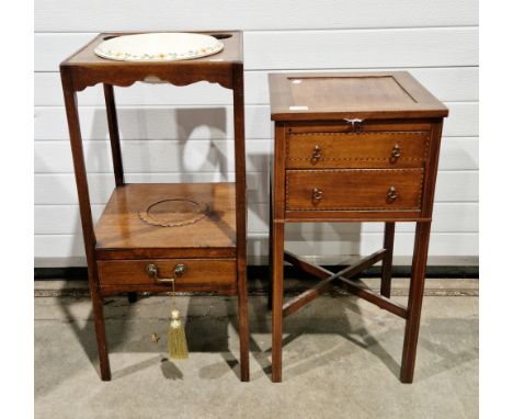 19th century mahogany satinwood and ebony inlaid night stand of square form with faux drawer over a single drawer, on square 