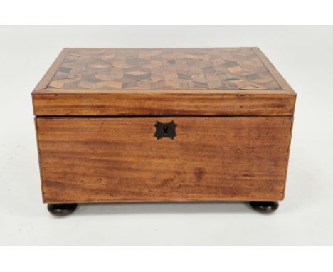 19th century mahogany sewing box, the geometric parquetry inlaid lid opening to a lift-out tray, brass lion's mask drop ring 