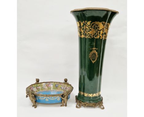 Large contemporary porcelain and gilt metal mounted Sevres-style green ground flared trumpet-shaped vase, gilt with trailing 