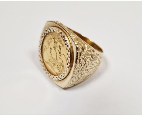 Sovereign yellow gold ring, claw set with a Queen Elizabeth II full sovereign dated 1978, having a diamond cut pattern mount 
