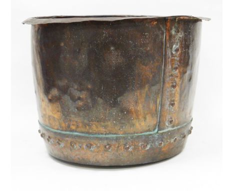 19th century copper copper or log basket with studded seams, 30cm high x 44cm diameter