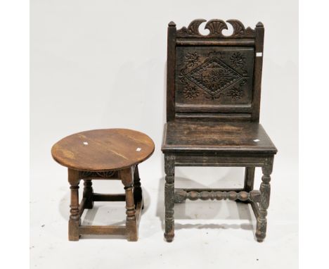 17th/18th century oak backstool&nbsp;with carved solid splat and solid seat, on turned and block supports united by a baluste