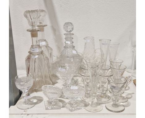 Collection of 19th century and later glassware&nbsp;including a pair of mallet claw decanters with stoppers, 34cm high, a tri