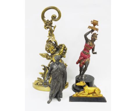 Brass doorstop, cast in the form of Bacchus in the rococo manner with a foliate scrolling handle, 48cm high together with a c