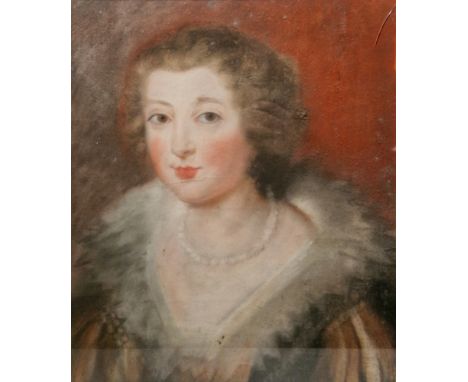 19th century school  Pastel on paper Head and shoulders portrait of a lady in 17th century style dress, with pearl necklace, 