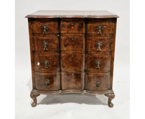 Walnut and crossbanded chest of drawers&nbsp;in the Queen Anne manner, of serpentine outline, the shaped top with ogee moulde