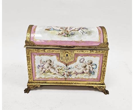 Early 20th century Sevres-style gilt metal-mounted domed casket, printed with putti amongst clouds, holding musical attribute