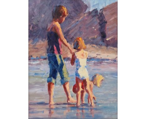 Russell Pond (b.1966) Oil on board Beach scene, signed lower right, 39cm x 29cm  Condition Report Good condition. Very light 