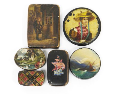 Collection of five 19th century papiermache snuff boxes all with decorated lids including a circular box decorated with a por