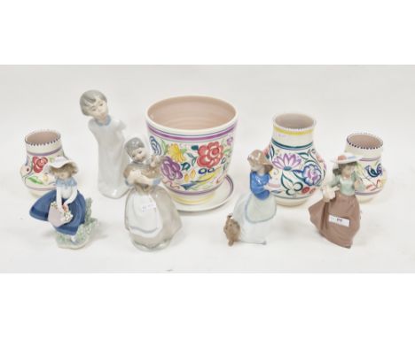 Lladro 'Pretty pickings ' figure, 18cm high together with two Nao figures including girl with cake and dog and two Spanish Ll