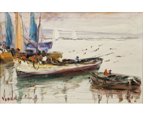 Virgilio Costa (Portuguese, b. 1943) Oil on canvas Fishing vessels moored, signed, 24 cm x 36.5cm, and another similar 23.5cm
