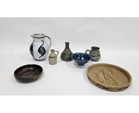 Collection of studio pottery, including an Aldermaston pottery jug, painted by Edgar Campden, with blue and green foliate mot