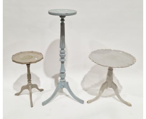 Collection of five items of painted furniture&nbsp;including two torcheres, the tallest 118cm high, oval low table with bird 