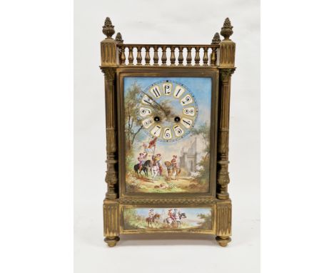 19th century French gilt bronze mantel clock, the case having spindle gallery rail to three sides and four fruit and urn cast