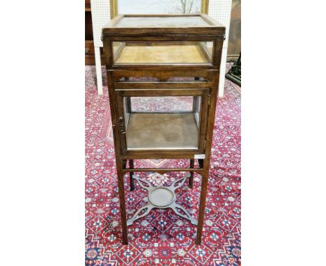 George III oak night stand converted to a bijouterie table, the top with glazed hinged lid opening to a display area, over a 