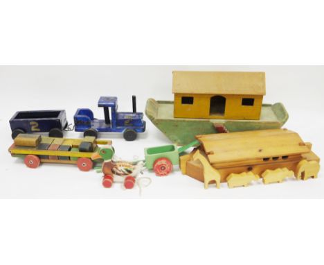 Early 20th century painted wooden toy Noah's ark, 47cm long, pine Noah's ark with twenty two carved pine animals, ark 44cm lo