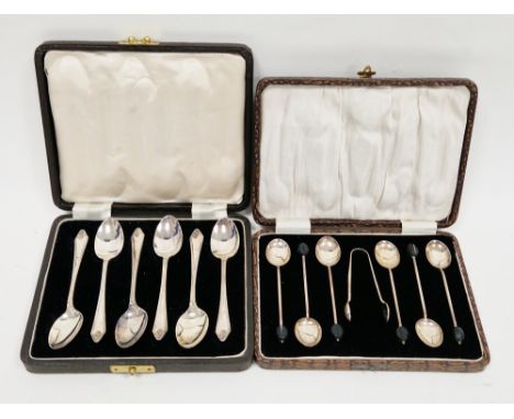 Cased set of six George VI silver teaspoons, Birmingham 1938, Purcell Bros, Pembury pattern handles together with a cased  Ge