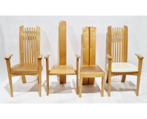 Pair of contemporary design oak and beechwood elbow chairs with square spindle backs and leatherette upholstered seats, 107cm