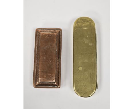 Dutch polished copper and brass engraved tobacco box and hinged cover of rectangular form, 18th/19th century, engraved with s