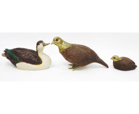 Three Thomas Blackwood Limited of Walsall brass mounted models of game birds including a duck, 23cm long and two partridge, l