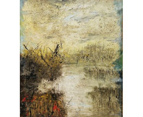 Michael John Bolan (1939-1995) Mixed media on hessian "River Lake Summer" titled verso, signed lower right and dated 1982, 67