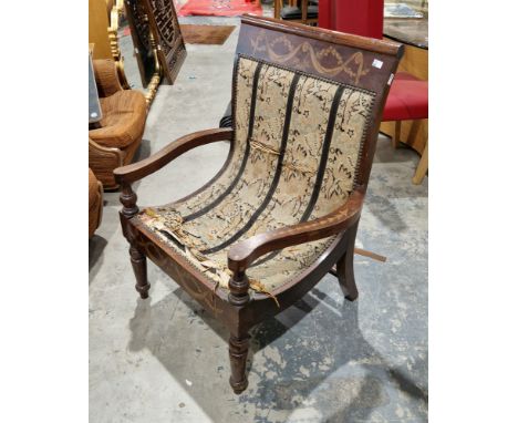 19th century mahogany open armchair with painted flower and swag decoration to top rail and arms, having a curved studded car