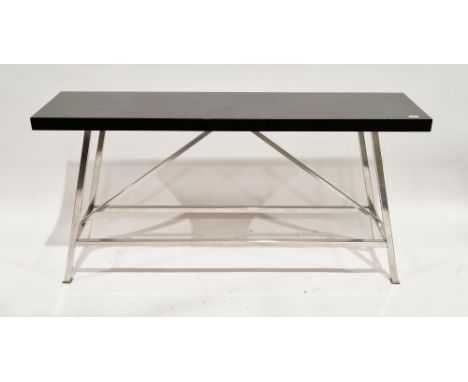 Contemporary lacquered hardwood console table, the rectangular top in a polished white metal base, originally retailed in Arg