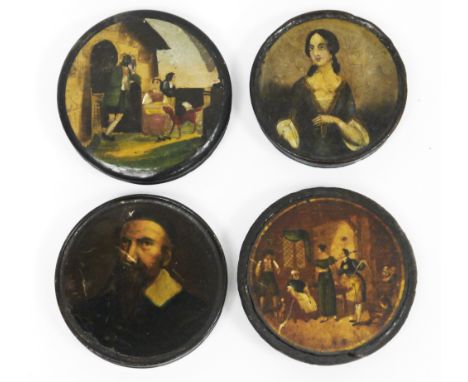 Four 19th century papiermache circular snuff boxes, each with lift off decorated lids, including portrait of 17th century man