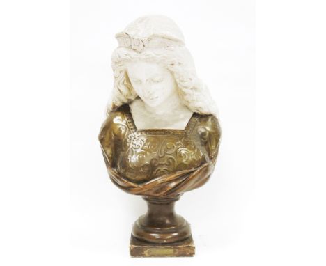 After Gustave Scherpereel, plaster bust, head and shoulders of a woman with a bronze effect finish to dress and socle base, t