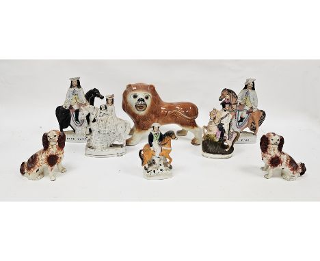 Collection of Staffordshire pottery figures and a pair of spaniels, late 19th century, including equestrian figures of Dick T