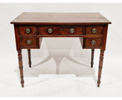 19th century mahogany writing desk, the rectangular top over an arrangement of four cockbeaded drawers with brass drop ring h