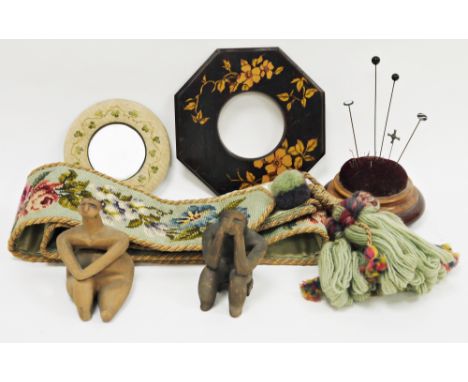 Mixed lot including a floral patterned needlework bell pull with tassel, 177cm long, mahogany circular hatpin cushion togethe