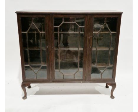Early 20th century mahogany display cabinet having three astragal glazed doors opening to two sections, one with two long adj