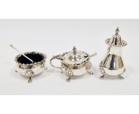 Silver three piece cruet set, Birmingham 1959, maker GSC &amp; Co, comprising salt, mustard and pepper (salt and mustard with