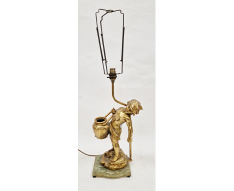 After Aug. Moreau, 19th century French gilt bronze figural lamp base in the form of a boy carrying a heavy water vessel, sign