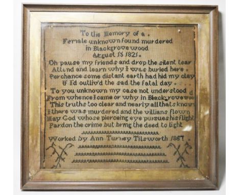 19th century In Memoriam sampler worked by Ann Turney of Tilsworth in 1867, being a verse completed ' In memory of an unknown