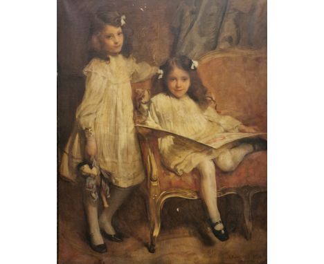 Laurence Koe (British, active 1888-1904) Oil on canvas Large full length portrait of two young girls, one seated on sofa with
