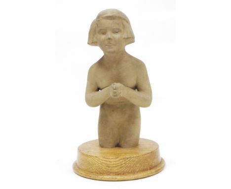 Contemporary three-quarter length sculpture of a kneeling young girl with a bob hair-cut, brown finish, on a circular oak pli
