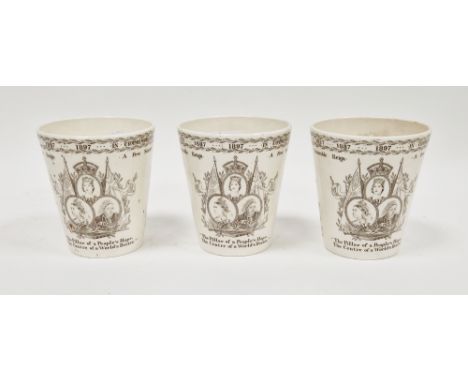 Three Mintons pottery Queen Victoria Diamond Jubilee 1897 commemorative beakers, printed crowned globe marks, retailer's mark