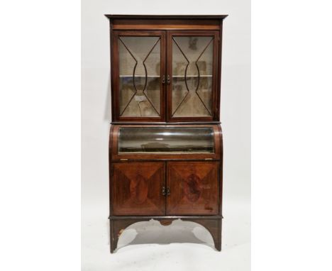 Edwardian mahogany inlaid display cabinet cupboard, the upper section with twin glazed doors opening to a fabric lined interi