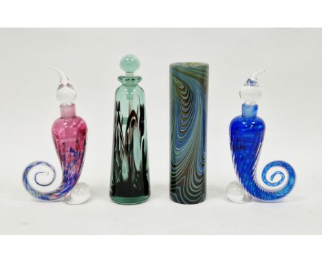 Two Martin Andrews studio glass 'Seahorse' scent bottles and stoppers, each of wrythen form, with scrolling 'tail' and tear-s