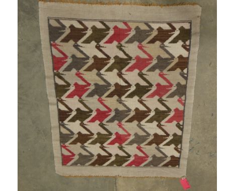Cream ground rug&nbsp;with six rows of seven stylised birds, single cream border, 142cm x 166cm&nbsp;