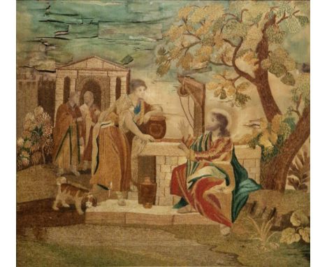Georgian embroidered silk picture of Rebecca at the Well, enriched with watercolour background, embroidered in coloured silk 