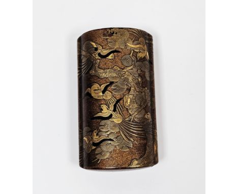 19th century Japanese&nbsp;gold lacquered six-section inro, decorated with birds in flight and perched amongst pine, the inte