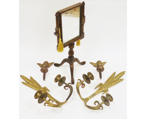 19th century-style mahogany swing dressing table mirror on a pedestal support with three splayed legs, 42cm high,&nbsp;a pair